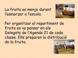 La fruita es menja durant
l’esmorzar a l’escola.

Per organitzar el repartiment de
fruita es va pensar en els
Delegats de l’Agenda 21 de cada
classe. Ells preparen la distribució
de la fruita.
 