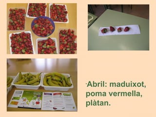 Abril: maduixot,
•



poma vermella,
plàtan.
 