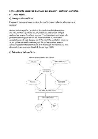 6.Procediments específics d’actuació per prevenir i gestionar conflictes.
6.1 Marc teòric.
a) Concepte de conflicte.
En aquest document quan parlem de conflicte ens referim a la concepció
següent:
Davant la visió negativa i pessimista del conflicte volem desenvolupar
una visió positiva i optimista que, en primer lloc, el situï com allò que
realment és: un procés natural, necessari i potencialment positiu per a les
persones i per als grups socials. En altres paraules, el conflicte és
consubstancial a la vida. Sempre que hi ha vida hi ha conflicte i, a més, no
té per què ser necessàriament negatiu. En moltes ocasions aquesta
valoració dependrà fonamentalment de la forma com ho tractem i no tant
del conflicte en si mateix.. (Xesús R. Jares. Vigo 2002)
b) Estructura del conflicte
 