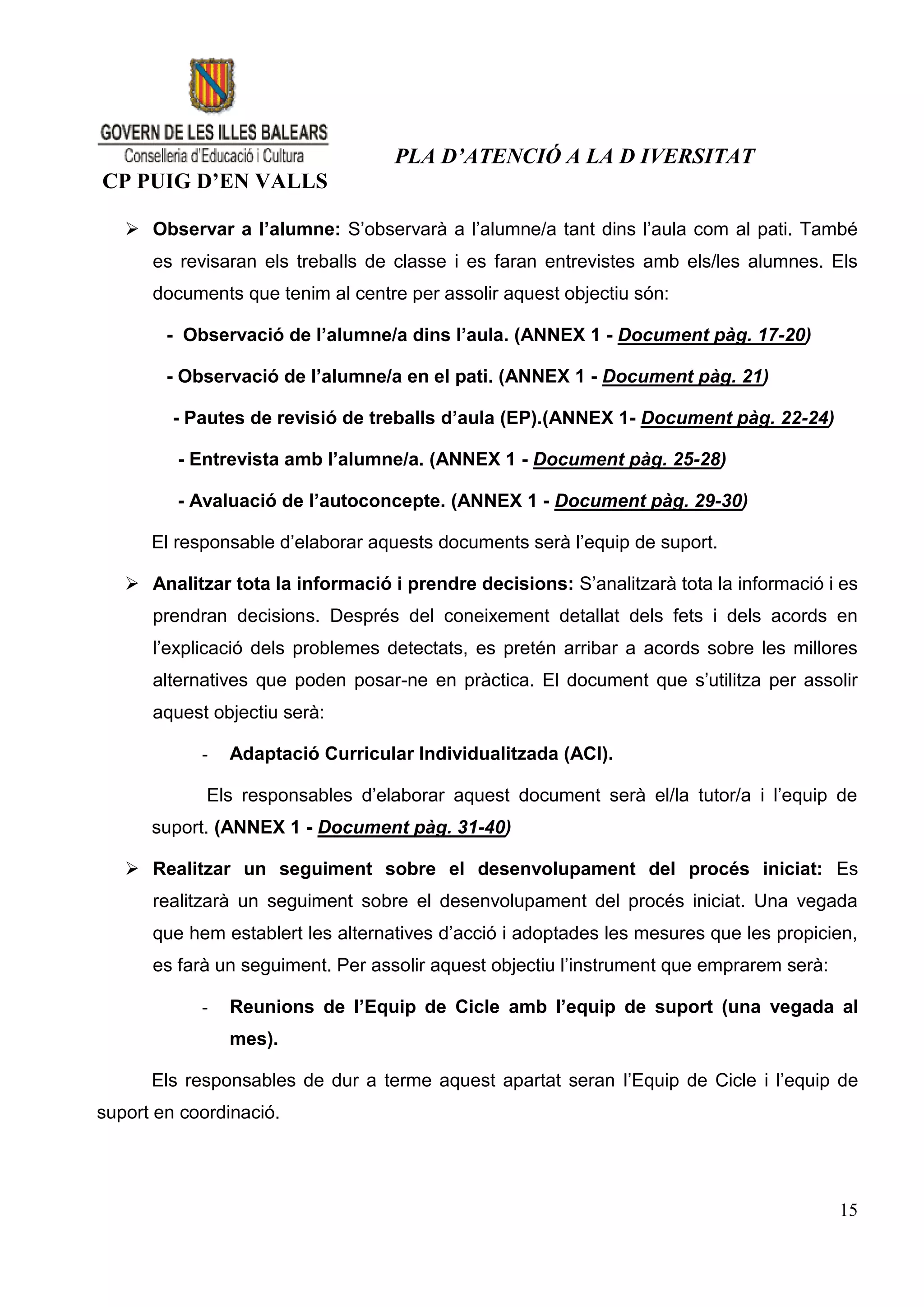 PLA D’ATENCIÓ A LA D IVERSITAT
CP PUIG D’EN VALLS

    Observar a l’alumne: S’observarà a l’alumne/a tant dins l’aula com al pati. També
      es revisaran els treballs de classe i es faran entrevistes amb els/les alumnes. Els
      documents que tenim al centre per assolir aquest objectiu són:

        - Observació de l’alumne/a dins l’aula. (ANNEX 1 - Document pàg. 17-20)

        - Observació de l’alumne/a en el pati. (ANNEX 1 - Document pàg. 21)

         - Pautes de revisió de treballs d’aula (EP).(ANNEX 1- Document pàg. 22-24)

         - Entrevista amb l’alumne/a. (ANNEX 1 - Document pàg. 25-28)

         - Avaluació de l’autoconcepte. (ANNEX 1 - Document pàg. 29-30)

      El responsable d’elaborar aquests documents serà l’equip de suport.

    Analitzar tota la informació i prendre decisions: S’analitzarà tota la informació i es
      prendran decisions. Després del coneixement detallat dels fets i dels acords en
      l’explicació dels problemes detectats, es pretén arribar a acords sobre les millores
      alternatives que poden posar-ne en pràctica. El document que s’utilitza per assolir
      aquest objectiu serà:

            -   Adaptació Curricular Individualitzada (ACI).

             Els responsables d’elaborar aquest document serà el/la tutor/a i l’equip de
      suport. (ANNEX 1 - Document pàg. 31-40)

    Realitzar un seguiment sobre el desenvolupament del procés iniciat: Es
      realitzarà un seguiment sobre el desenvolupament del procés iniciat. Una vegada
      que hem establert les alternatives d’acció i adoptades les mesures que les propicien,
      es farà un seguiment. Per assolir aquest objectiu l’instrument que emprarem serà:

            -   Reunions de l’Equip de Cicle amb l’equip de suport (una vegada al
                mes).

      Els responsables de dur a terme aquest apartat seran l’Equip de Cicle i l’equip de
suport en coordinació.




                                                                                          15
 