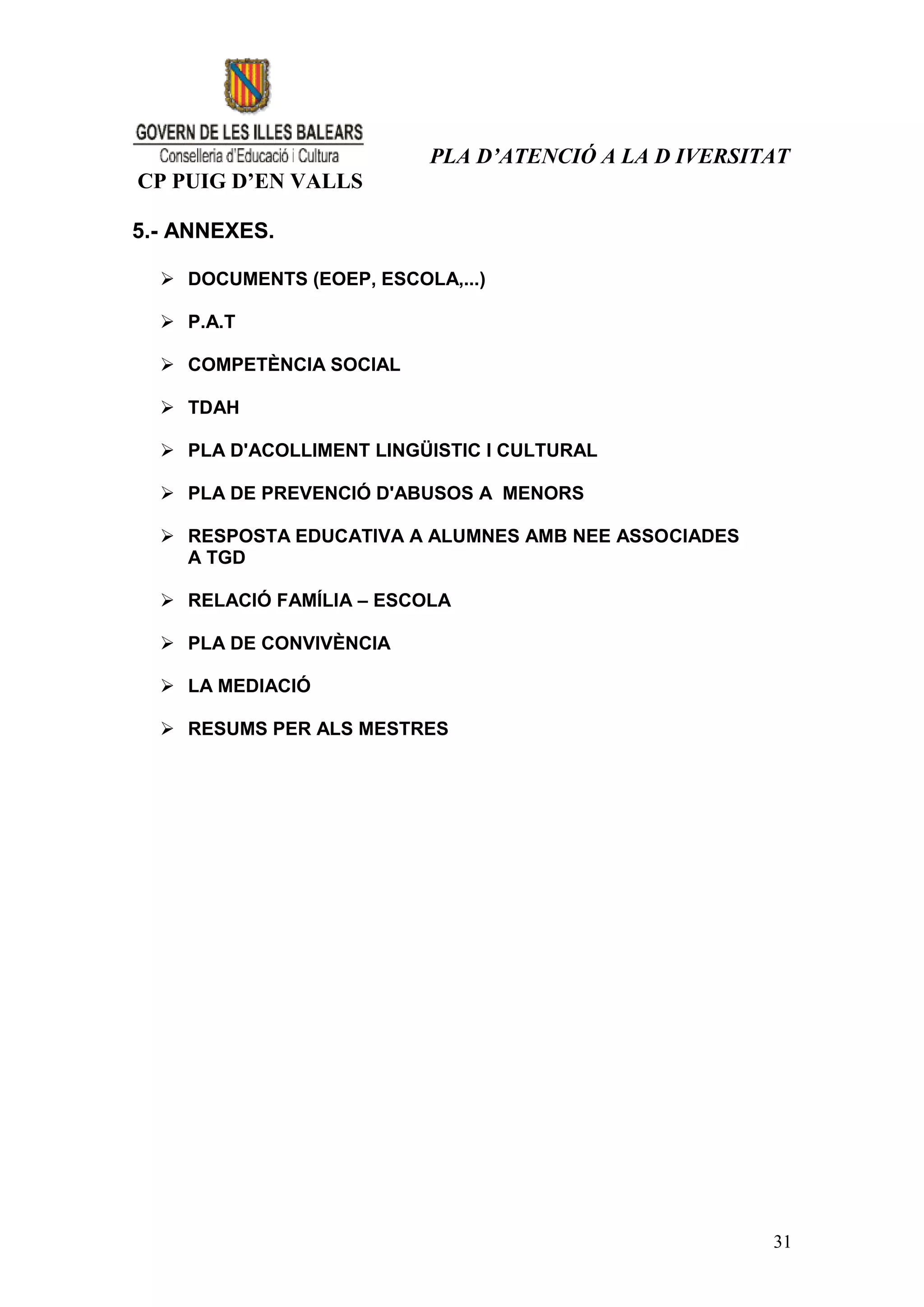 PLA D’ATENCIÓ A LA D IVERSITAT
CP PUIG D’EN VALLS

5.- ANNEXES.

   DOCUMENTS (EOEP, ESCOLA,...)

   P.A.T

   COMPETÈNCIA SOCIAL

   TDAH

   PLA D'ACOLLIMENT LINGÜISTIC I CULTURAL

   PLA DE PREVENCIÓ D'ABUSOS A MENORS

   RESPOSTA EDUCATIVA A ALUMNES AMB NEE ASSOCIADES
    A TGD

   RELACIÓ FAMÍLIA – ESCOLA

   PLA DE CONVIVÈNCIA

   LA MEDIACIÓ

   RESUMS PER ALS MESTRES




                                                      31
 