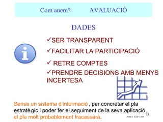Com anem?             AVALUACIÓ

                         DADES
              SER TRANSPARENT
              FACILITAR LA PARTICIPACIÓ
               RETRE COMPTES
              PRENDRE DECISIONS AMB MENYS
              INCERTESA


Sense un sistema d’informació , per concretar el pla
estratè gic i poder fer el seguiment de la seva aplicació ,
                                                          21
el pla molt probablement fracassarà.              PMQCE SGQCE 2009
 