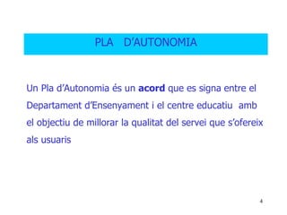 PLA D’AUTONOMIA



Un Pla d’Autonomia és un acord que es signa entre el
Departament d’Ensenyament i el centre educatiu amb
el objectiu de millorar la qualitat del servei que s’ofereix
als usuaris




                                                           4
 