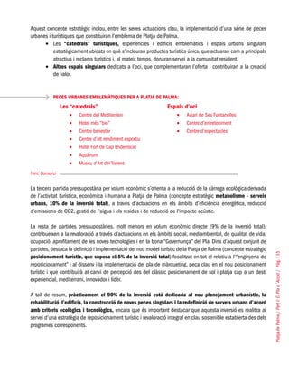 PlatjadePalma/PartI:ElPlad´Acció/Pàg.115
Aquest concepte estratègic inclou, entre les seves actuacions clau, la implementació d’una sèrie de peces
urbanes i turístiques que constituiran l’emblema de Platja de Palma.
Les•	 “catedrals” turístiques, experiències i edificis emblemàtics i espais urbans singulars
estratègicament ubicats en què s’inclouran productes turístics únics, que actuaran com a principals
atractius i reclams turístics i, al mateix temps, donaran servei a la comunitat resident.
Altres espais singulars•	 dedicats a l’oci, que complementaran l’oferta i contribuiran a la creació
de valor.
PECES URBANES EMBLEMÀTIQUES PER A PLATJA DE PALMA:
Font: Consorci
La tercera partida pressupostària per volum econòmic s’orienta a la reducció de la càrrega ecològica derivada
de l’activitat turística, econòmica i humana a Platja de Palma (concepte estratègic metabolisme - serveis
urbans, 10% de la inversió total), a través d’actuacions en els àmbits d’eficiència energètica, reducció
d’emissions de CO2, gestió de l’aigua i els residus i de reducció de l’impacte acústic.
La resta de partides pressupostàries, molt menors en volum econòmic directe (9% de la inversió total),
contribueixen a la revaloració a través d’actuacions en els àmbits social, mediambiental, de qualitat de vida,
ocupació, aprofitament de les noves tecnologies i en la bona “Governança” del Pla. Dins d’aquest conjunt de
partides, destaca la definició i implementació del nou model turístic de la Platja de Palma (concepte estratègic
posicionament turístic, que suposa el 5% de la inversió total) focalitzat en tot el relatiu a l’“enginyeria de
reposicionament” i al disseny i la implementació del pla de màrqueting, peça clau en el nou posicionament
turístic i que contribuirà al canvi de percepció des del clàssic posicionament de sol i platja cap a un destí
experiencial, mediterrani, innovador i líder.
A tall de resum, pràcticament el 90% de la inversió està dedicada al nou planejament urbanístic, la
rehabilitació d’edificis, la construcció de noves peces singulars i la redefinició de serveis urbans d’acord
amb criteris ecològics i tecnològics, encara que és important destacar que aquesta inversió es realitza al
servei d’una estratègia de reposicionament turístic i revaloració integral en clau sostenible establerta des dels
programes corresponents.
Les “catedrals”
Centre del Mediterrani•	
Hotel més “bio”•	
Centre benestar•	
Centre d’alt rendiment esportiu•	
Hotel Fort de Cap Enderrocat•	
Aquàrium•	
Museu d’Art del Torrent•	
Espais d’oci
Aviari de Ses Fontanelles•	
Centre d’entreteniment•	
Centre d’espectacles•	
 