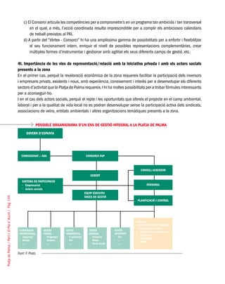 PlatjadePalma/PartI:ElPlad´Acció/Pàg.144
c) El Consorci articula les competències per a comprometre’s en un programa tan ambiciós i tan transversal
en el qual, a més, l’acció coordinada resulta imprescindible per a complir els ambiciosos calendaris
de treball previstos al PAI.
d) A partir del “Vèrtex - Consorci” hi ha una amplíssima gamma de possibilitats per a enfortir i flexibilitzar
el seu funcionament intern, enriquir el nivell de possibles representacions complementàries, crear
múltiples formes d’instrumentar i gestionar amb agilitat els seus diferents camps de gestió, etc.
4t. Importància de les vies de representació/relació amb la iniciativa privada i amb els actors socials
presents a la zona
En el primer cas, perquè la revaloració econòmica de la zona requereix facilitar la participació dels inversors
i empresaris privats, existents i nous, amb experiència, coneixement i interès per a desenvolupar els diferents
sectors d’activitat que la Platja de Palma requereix.I hi ha moltes possibilitats per a trobar fórmules interessants
per a aconseguir-ho.
I en el cas dels actors socials, perquè el repte i les oportunitats que ofereix el projecte en el camp ambiental,
laboral i per a la qualitat de vida local no es podran desenvolupar sense la participació activa dels sindicats,
associacions de veïns, entitats ambientals i altres organitzacions temàtiques presents a la zona.
POSSIBLE ORGANIGRAMA D’UN ENS DE GESTIÓ INTEGRAL A LA PLATJA DE PALMA
Font: F. Prats
 