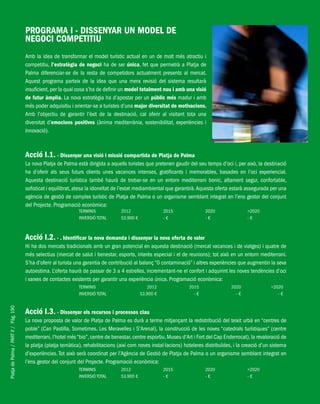 PlatjadePalma/PARTII/Pàg.190
PROGRAMA I - DISSENYAR UN MODEL DE
NEGOCI COMPETITIU
Amb la idea de transformar el model turístic actual en un de molt més atractiu i
competitiu, l’estratègia de negoci ha de ser única, fet que permetrà a Platja de
Palma diferenciar-se de la resta de competidors actualment presents al mercat.
Aquest programa parteix de la idea que una mera revisió del sistema resultarà
insuficient, per la qual cosa s’ha de definir un model totalment nou i amb una visió
de futur àmplia. La nova estratègia ha d’apostar per un públic més madur i amb
més poder adquisitiu i orientar-se a turistes d’una major diversitat de motivacions.
Amb l’objectiu de garantir l’èxit de la destinació, cal oferir al visitant tota una
diversitat d’emocions positives (ànima mediterrània, sostenibilitat, experiències i
innovació).
Acció I.1. - Dissenyar una visió i missió compartida de Platja de Palma
La nova Platja de Palma està dirigida a aquells turistes que pretenen gaudir del seu temps d’oci i, per això, la destinació
ha d’oferir als seus futurs clients unes vacances intenses, gratificants i memorables, basades en l’oci experiencial.
Aquesta destinació turística també haurà de trobar-se en un entorn mediterrani bonic, altament segur, confortable,
sofisticat i equilibrat, atesa la idoneïtat de l’estat mediambiental que garantirà.Aquesta oferta estarà assegurada per una
agència de gestió de complex turístic de Platja de Palma o un organisme semblant integrat en l’ens gestor del conjunt
del Projecte. Programació econòmica:
TERMINIS 2012 2015 2020 >2020
INVERSIÓ TOTAL 53.900 € - € - € - €
Acció I.2. - . Identificar la nova demanda i dissenyar la nova oferta de valor
Hi ha dos mercats tradicionals amb un gran potencial en aquesta destinació (mercat vacances i de viatges) i quatre de
més selectius (mercat de salut i benestar, esports, interès especial i el de reunions); tot això en un entorn mediterrani.
S’ha d’oferir al turista una garantia de contribució al balanç “0 contaminació” i altres experiències que augmentin la seva
autoestima. L’oferta haurà de passar de 3 a 4 estrelles, incrementant-ne el confort i adquirint les noves tendències d’oci
i xarxes de contactes existents per garantir una experiència única. Programació econòmica:
TERMINIS 2012 2015 2020 >2020
INVERSIÓ TOTAL 53.900 € - € - € - €
Acció I.3. - Dissenyar els recursos i processos clau
La nova proposta de valor de Platja de Palma es durà a terme mitjançant la redistribució del teixit urbà en “centres de
poble” (Can Pastilla, Sometimes, Les Meravelles i S’Arenal), la construcció de les noves “catedrals turístiques” (centre
mediterrani, l’hotel més “bio”, centre de benestar, centre esportiu, Museu d’Art i Fort del Cap Enderrocat), la revaloració de
la platja (platja temàtica), rehabilitacions (així com noves instal·lacions) hoteleres distribuïdes, i la creació d’un sistema
d’experiències. Tot això serà coordinat per l’Agència de Gestió de Platja de Palma o un organisme semblant integrat en
l’ens gestor del conjunt del Projecte. Programació econòmica:
TERMINIS 2012 2015 2020 >2020
INVERSIÓ TOTAL 53.900 € - € - € - €
 