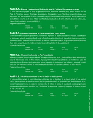 PlatjadePalma/PARTII/Pàg.201
Acció.IX.4. –Dissenyar i implementar un Pla de gestió social de l’habitatge i infraestructures socials
Es tracta d’assistir, mitjançant un equip de gestió especialitzat, les famílies afectades per la millora del teixit urbà de
Platja de Palma i del seu parc d’habitatge, ja que algunes d’elles podrien haver d’abandonar temporalment casa seva
per procedir a la seva rehabilitació. També s’elaborarà una proposta de millora dels equipaments socials que contempli
la rehabilitació i reserva de sòl per a millorar les infraestructures educatives, de salut, culturals, de serveis urbans, etc.,
l’execució de la qual anirà a càrrec de l’A.XIX.6..
Programació econòmica:
TERMINIS 2012 2015 2020 >2020
INVERSIÓ TOTAL 154.000 € 154.000 € 154.000 € - €
Acció.IX.5. – Dissenyar i implementar un Pla de promoció de la cultura popular
El canvi de model turístic de Platja de Palma necessitarà la implicació de la seva població en el Projecte. Aquesta acció
va destinada a activar la societat civil de la zona, enfortint la seva identificació amb el procés de canvi, promovent una
identitat col·lectiva i fomentant l’associacionisme i les activitats col·lectives. L’objectiu és aglutinar els ciutadans al voltant
d’uns valors compartits, com la mediterraneïtat, el civisme, l’hospitalitat i la diversitat cultural.
Programació econòmica:
TERMINIS 2012 2015 2020 >2020
INVERSIÓ TOTAL 231.000 € 154.000 € 154.000 € - €
Acció.IX.6. – Dissenyar i implementar un Pla d’inclusió social
Aquesta acció pretén contribuir, en col·laboració amb les administracions locals i autonòmiques, a reduir la marginalitat
social de determinades zones de Platja de Palma.Aquesta problemàtica forma part del declivi del model turístic que el PAI
pretén transformar. En aquest sentit, es proposa reforçar els equips de professionals que treballen a favor de la inclusió
social, així com estudiar la viabilitat de crear una empresa d’inserció en suport dels col·lectius en risc d’exclusió.
Programació econòmica:
TERMINIS 2012 2015 2020 >2020
INVERSIÓ TOTAL 154.000 € 154.000 € 154.000 € - €
Acció.IX.7. – Dissenyar i implementar un Pla de millora de la salut pública
Es proposa elaborar un pla de prevenció de salut pública que faci un diagnòstic de la situació actual. Un cop realitzat
l’estudi, s’analitzaran les necessitats de millora dels equipaments existents i de reforçament dels professionals del sector,
així com la posada en marxa de programes pilot preventius de millora de la salut de la població. Aquests programes se
centraran en problemàtiques prioritàries com l’alcoholisme, el tabaquisme, l’obesitat, la necessitat de fomentar un estil
de vida saludable, etc.
Programació econòmica:
TERMINIS 2012 2015 2020 >2020
INVERSIÓ TOTAL 231.000 € 231.000 € 231.000 € - €
 