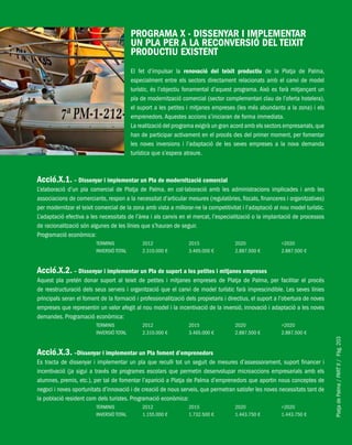 PlatjadePalma/PARTII/Pàg.203
PROGRAMA X - DISSENYAR I IMPLEMENTAR
UN PLA PER A LA RECONVERSIÓ DEL TEIXIT
PRODUCTIU EXISTENT
El fet d’impulsar la renovació del teixit productiu de la Platja de Palma,
especialment entre els sectors directament relacionats amb el canvi de model
turístic, és l’objectiu fonamental d’aquest programa. Això es farà mitjançant un
pla de modernització comercial (sector complementari clau de l’oferta hotelera),
el suport a les petites i mitjanes empreses (les més abundants a la zona) i els
emprenedors.Aquestes accions s’iniciaran de forma immediata.
La realització del programa exigirà un gran acord amb els sectors empresarials,que
han de participar activament en el procés des del primer moment, per fomentar
les noves inversions i l’adaptació de les seves empreses a la nova demanda
turística que s’espera atraure.
Acció.X.1. – Dissenyar i implementar un Pla de modernització comercial
L’elaboració d’un pla comercial de Platja de Palma, en col·laboració amb les administracions implicades i amb les
associacions de comerciants, respon a la necessitat d’articular mesures (regulatòries, fiscals, financeres i organitzatives)
per modernitzar el teixit comercial de la zona amb vista a millorar-ne la competitivitat i l’adaptació al nou model turístic.
L’adaptació efectiva a les necessitats de l’àrea i als canvis en el mercat, l’especialització o la implantació de processos
de racionalització són algunes de les línies que s’hauran de seguir.
Programació econòmica:
TERMINIS 2012 2015 2020 >2020
INVERSIÓ TOTAL 2.310.000 € 3.465.000 € 2.887.500 € 2.887.500 €
Acció.X.2. – Dissenyar i implementar un Pla de suport a les petites i mitjanes empreses
Aquest pla pretén donar suport al teixit de petites i mitjanes empreses de Platja de Palma, per facilitar el procés
de reestructuració dels seus serveis i organització que el canvi de model turístic farà imprescindible. Les seves línies
principals seran el foment de la formació i professionalització dels propietaris i directius, el suport a l’obertura de noves
empreses que representin un valor afegit al nou model i la incentivació de la inversió, innovació i adaptació a les noves
demandes. Programació econòmica:
TERMINIS 2012 2015 2020 >2020
INVERSIÓ TOTAL 2.310.000 € 3.465.000 € 2.887.500 € 2.887.500 €
Acció.X.3. –Dissenyar i implementar un Pla foment d’emprenedors
Es tracta de dissenyar i implementar un pla que reculli tot un seguit de mesures d’assessorament, suport financer i
incentivació (ja sigui a través de programes escolars que permetin desenvolupar microaccions empresarials amb els
alumnes, premis, etc.), per tal de fomentar l’aparició a Platja de Palma d’emprenedors que aportin nous conceptes de
negoci i noves oportunitats d’innovació i de creació de nous serveis, que permetran satisfer les noves necessitats tant de
la població resident com dels turistes. Programació econòmica:
TERMINIS 2012 2015 2020 >2020
INVERSIÓ TOTAL 1.155.000 € 1.732.500 € 1.443.750 € 1.443.750 €
 