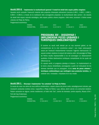 PlatjadePalma/PARTII/Pàg.209
Acció.XIII.6. – Implementar la reurbanització general i l’estudi de detall dels espais públics singulars
Aquesta acció comprèn l’execució material dels projectes dissenyats prèviament (accions A.XIII.1., A.XIII.2., A.XIII.3.,
A.XIII.4. i A.XIII.5.) a través de la realització dels consegüents projectes: la reurbanització dels carrers i els estudis
de detall dels espais naturals estratègics, dels espais públics urbans singulars i dels eixos, accessos i d’altres xarxes
urbanes de Platja de Palma.
Programació econòmica:
TERMINIS 2012 2015 2020 >2020
INVERSIÓ TOTAL 10.031.829 € 21.317.637 € 31.349.467 € 62.698.933 €
PROGRAMA XIV – DISSENYAR I
IMPLEMENTAR PECES URBANES I
TURÍSTIQUES EMBLEMÀTIQUES
El turisme es veurà molt afectat per un nou escenari global, on les
conseqüències de la crisi econòmica actual i una major preocupació
social per l’evolució mediambiental marcaran l’agenda internacional. En
aquest context, revalorar el conjunt del sistema urbà i del paisatge de Platja
de Palma resulta imprescindible si es vol aconseguir un distanciament
qualitatiu d’altres destinacions turístiques competidores de les quals cal
diferenciar-se.
En aquest sentit, el programa planteja el disseny i la implementació en
la trama urbana rehabilitada, aconseguida a partir de l’articulació de les
diverses identitats que es propugnen, d’una xarxa de peces urbanes i
turístiques emblemàtiques que continguin nous productes turístics, de
caràcter únic i innovador, i impulsors d’un nou model.
Acció.XIV.1. – Dissenyar i implementar “les catedrals” de Platja de Palma
Es tracta de crear una sèrie de nous edificis emblemàtics i espais urbans de primer ordre, estratègicament ubicats, que
incorporin productes turístics únics i específics a Platja de Palma i que, alhora, donin servei a la comunitat resident.
Podem esmentar-ne alguns: centre mediterrani, el hotel més “bio”, centre de benestar, centre esportiu, Museu d’Art i
Fort del Cap Enderrocat.
Programació econòmica:
TERMINIS 2012 2015 2020 >2020
INVERSIÓ TOTAL 27.254.304 € 115.830.792 € 180.559.764 € 17.033.940 €
 