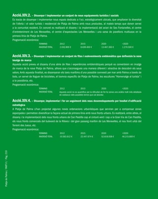 PlatjadePalma/PARTII/Pàg.210
Acció.XIV.2. – Dissenyar i implementar un conjunt de nous equipaments turístics i socials
Es tracta de dissenyar i implementar nous espais dedicats a l’oci, estratègicament ubicats, que ampliaran la diversitat
de l’oferta i el valor turístic i residencial de Platja de Palma amb nous productes, al mateix temps que donen servei
a la comunitat resident. En concret es realitzarà el disseny i la implementació del aviari de Ses Fontanelles, el centre
d’entreteniment de Les Meravelles, el centre d’espectacles Les Meravelles i una xarxa de pavellons multiusos en la
primera línia de Platja de Palma.
Programació econòmica:
TERMINIS 2012 2015 2020 >2020
INVERSIÓ TOTAL 2.032.800 € 8.639.400 € 13.467.300 € 1.270.500 €
Acció.XIV.3. – Dissenyar i implementar un conjunt de fites i esdeveniments emblemàtics que defineixin la nova
imatge de marca
Aquesta acció preveu el disseny d’una sèrie de fites i experiències emblemàtiques perquè es converteixin en imatge
de marca de la nova Platja de Palma, alhora que s’aconsegueix una manera diferent i atractiva de descobrir els seus
valors.Amb aquesta finalitat, es dissenyaran els taxis marítims d’una possible connexió per mar amb Palma a través de
bots, un servei de lloguer de bicicletes, el tramvia específic de Platja de Palma, les escultures “Homenatge al turista” i
a la posidònia, etc.
Programació econòmica:
TERMINIS 2012 2015 2020 >2020
INVERSIÓ TOTAL
Acció.XIV.4. – Dissenyar, implementar i fer un seguiment dels nous desenvolupaments per trasllat d’edificació
estratègica
A Platja de Palma s’han projectat algunes noves ordenacions urbanístiques que serviran per a compensar zones
esponjades i permetran diversificar la façana actual de primera línia amb nous fronts urbans. Es realitzarà, entre altres, el
disseny i la implementació dels nous fronts urbans de Can Pastilla cap al cinturó verd i cap a la Gran Via de Can Pastilla,
els nous fronts comercials del bulevard de la Ribera i del gran passeig marítim de Les Meravelles, el nou front urbà del
Torrent des Jueus, etc.
Programació econòmica:
TERMINIS 2012 2015 2020 >2020
INVERSIÓ TOTAL 10.563.612 € 22.447.674 € 52.818.058 € 46.215.800 €
Aquesta acció no es quantifica per la dificultat de fer-ho sense una anàlisi molt més detallada
de cadascun dels possibles temes que cal abordar.
 