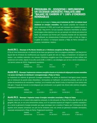 PlatjadePalma/PARTII/Pàg.212
PROGRAMA XV - DISSENYAR I IMPLEMENTAR
UN ESCENARI ENERGÈTIC FINALISTA AMB
“BALANÇ DE CARBONI 0” I 100% D’ENERGIES
RENOVABLES
L’objectiu és aconseguir el balanç zero d’emissions de CO2 i un sistema basat
totalment en energies renovables. Tots aquests projectes han d’assolir la
plena consecució el 2050, per la qual serà necessari anar establint accions a
curt, mitjà i llarg termini. Cal que aquestes reduccions intermèdies es realitzin
també segons altres objectius com ara, per exemple, els indicats pel protocol de
Kyoto. Les emissions que formen part d’aquesta proposta són les associades
amb l’edificació, les infraestructures (l’enllumenat públic, el cicle de l’aigua o
la gestió de residus) i el transport associat a Platja de Palma (transport de
persones, mercaderies i residus).
Acció.XV.1. - Dissenyar el Pla Mestre Detallat per a l’eficiència energètica de Platja de Palma
El Pla és l’eina fonamental per a la definició de les fases que garantiran l’èxit d’un programa plantejat a molt llarg termini.
Aquest text ha d’incloure les modificacions que requereix la gestió del cicle de l’aigua, el tractament i el transport de
residus i una mobilitat sostenible a les mesures d’eficiència energètica que s’han d’implementar al parc edificat, tant
residencial com turístic, objecte d’una altra acció (A.XIX.1./A.XIX.5.). Les estratègies que cal dur a terme s’estableixen a
curt termini (abans de 2015). Programació econòmica:
TERMINIS 2012 2015 2020 >2020
INVERSIÓ TOTAL 231.000 € 924.000 € - € - €
Acció.XV.2.- Dissenyar i implementar sistemes energètics basats en la producció mitjançant recursos renovables
i en xarxes intel·ligents de distribució i emmagatzematge a Platja de Palma
La implantació de sistemes de generació d’energies renovables i de xarxes de distribució intel·ligents preveu mesures
com la introducció de panells solars (fotovoltaics i termosolars) en l’edificació i en parcel·les privades, així com en els
centres de transferència de mercaderies i mobilitat, i en el mobiliari urbà.També s’inclou la instal·lació d’una central solar
més gran i l’impuls de mesures no tecnològiques que contribueixin a una gestió més eficient dels sistemes energètics.
Programació econòmica:
TERMINIS 2012 2015 2020 >2020
INVERSIÓ TOTAL 12.320.000 € 26.180.000 € 38.500.000 € 77.000.000 €
Acció.XV.3. - Dissenyar i implantar camps d’energies renovables associades a Platja de Palma
Aquesta mesura és, en el conjunt dels programes proposats, la més allunyada de Platja de Palma des del punt de vista
geogràfic. Atès que, en una zona eminentment urbana, no hi ha capacitat espacial per integrar la superfície necessària i
dur a terme la generació d’energia renovable que pugui aconseguir com a resultat el “balanç zero” d’emissions de CO2,
aquesta acció proposa compensar una part de les emissions amb una central de generació renovable (termosolar),
associada exclusivament a Platja de Palma. Programació econòmica:
TERMINIS 2012 2015 2020 >2020
INVERSIÓ TOTAL 12.320.000 € 26.180.000 € 38.500.000 € 77.000.000 €
 