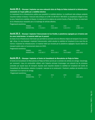 PlatjadePalma/PARTII/Pàg.221
Acció.XX.2. - Dissenyar i implantar una nova ordenació viària de Platja de Palma incloent-hi la infraestructura
necessària en l’espai públic per a mobilitat elèctrica
La implantació de la infraestructura pública que possibiliti la mobilitat elèctrica i la modificació dels enllaços existents
requereix realitzar el disseny i l’execució dels enllaços en la MA-19, MA-6014 i MA-6020, la senyalització integral en tota
la zona, l’estudi de la viabilitat, el disseny i la instal·lació d’un sistema de control d’accés a Platja de Palma i la instal·lació
de la infraestructura necessària per a la recàrrega de vehicles elèctrics.
Programació econòmica:
TERMINIS 2012 2015 2020 >2020
INVERSIÓ TOTAL 1.710.262 € 3.634.308 € 5.344.570 € 10.689.140 €
Acció.XX.3. - Dissenyar i implantar l’intercanviador de Can Pastilla, la plataforma segregada per al tramvia amb
les seves instal·lacions i el material mòbil que hi passarà
Es tracta d’una infraestructura intermodal que permetrà la connexió entre els diferents mitjans de transport d’una manera
àgil i eficaç. Un cop dissenyat i implantat l’intercanviador, caldrà estudiar la viabilitat de l’ampliació d’una nova línia de
tramvia i implantar les infraestructures i el material mòbil que circularà per la plataforma segregada. Aquest sistema de
transport podria estar en funcionament abans de 2020.
Programació econòmica:
TERMINIS 2012 2015 2020 >2020
INVERSIÓ TOTAL 3.421.821 € 29.011.391 € 19.573.068 € 3.423.100 €
Acció.XX.4. - Dissenyar i implantar el Centre de Consolidació de Mercaderies de Platja de Palma
El Centre de Consolidació de Mercaderies de Platja de Palma servirà per a controlar els vehicles de càrrega i descàrrega,
per numeració i tipus de combustible utilitzat, amb l’objectiu principal d’aconseguir una reducció de les emissions
produïdes per aquest tipus de transport. Aquesta acció requereix estudiar la viabilitat de l’ampliació del Centre de
Consolidació de Mercaderies, redactar el projecte i executar-ne la construcció i, finalment, analitzar els beneficis de la
implantació d’un tramvia de càrrega.
Programació econòmica:
TERMINIS 2012 2015 2020 >2020
INVERSIÓ TOTAL - € - € - € 4.681.600 €
 