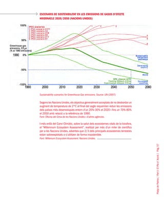 PlatjadePalma/PartI:ElPlad´Acció/Pàg.57
ESCENARIS DE SOSTENIBILITAT EN LES EMISSIONS DE GASOS D’EFECTE
HIVERNACLE 2020/2050 (NACIONS UNIDES)
Sustainability scenarios for Greenhouse Gas emissions. Source: UN (2007)
Segons les Nacions Unides,els objectius generalment acceptats de no desbordar un
augment de temperatura de 2ºC al final del segle requeririen reduir les emissions
dels països més desenvolupats entorn d’un 20%-30% el 2020 i fins un 70%-80%
el 2050 amb relació a la referència de 1990.
Font: Oficina del Cima de les Nacions Unides i d’altres agències.
I més enllà del Canvi Climàtic, sobre la salut dels ecosistemes vitals de la biosfera,
el “Millennium Ecosystem Assessment”, realitzat per més d’un miler de científics
per a les Nacions Unides, adverteix que 2/3 dels principals ecosistemes terrestres
estan sobreexplotats o s’utilitzen de forma insostenible.
Font: Millenium Ecosystem Assesment. Nacions Unides.
 
