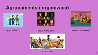9
Agrupaments i organizació
Mestres de cada cicleEquip Directiu GRUP IMPULSOR
CLAUSTRE
 