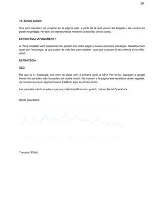 26

10. Xarxes socials:
Una  part  important  del  projecte  és  la  pàgina  web,  a  partir  de  la  qual  venem  les  targetes  i  els   usuaris  les
poden recarregar. Per tant, és imprescindible mantenir un bon lloc dins la xarxa.
ESTRATÈGIA O PAGAMENT?
A  l’hora  d’escollir  com  posicionar­nos, podem  triar entre  pagar o buscar  una bona estratègia.  Nosaltres  hem
optat  per  l’estratègia,  ja  que  potser  és  més  lent  però  estable  i  com que  busquem la  recurrència  és la millor
opció.
ESTRATÈGIA :
SEO
Pel  que  fa  a   l’estratègia,  ens  hem  de  situar   com  a  primera  opció  al   SEO.  Per  fer­ho,  busquem  a  google
trends  les  paraules  més  buscades  del  nostre  àmbit  i les  incloem  a la pàgina web repetides  vàries vegades,
de manera que quan algú les busqui Fast&Go sigui la primera opció.
Les paraules més buscades i que ens poden beneficiar són: gratuït, online i Renfe Operadora.

Renfe Operadora:

Transport Públic:

 