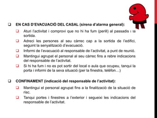    EN CAS D’EVACUACIÓ DEL CASAL (sirena d’alarma general):
       Aturi l’activitat i comprovi que no hi ha fum (perill) al passadis i la
        sortida.
       Adreci les persones al seu càrrec cap a la sortida de l’edifici,
        seguint la senyalització d’evacuació.
       Informi de l’evacuació al responsable de l’activitat, a punt de reunió.
       Mantingui agrupat el personal al seu càrrec fins a rebre indicacions
        del responsable de l’activitat.
       Si hi ha fum i no es pot sortir del local o aula que ocupeu, tanqui la
        porta i informi de la seva situació (per la finestra, telèfon…)

   CONFINAMENT (indicació del responsable de l’activitat):
       Mantingui el personal agrupat fins a la finalització de la situació de
        risc.
       Tanqui portes i finestres a l’exterior i segueixi les indicacions del
        responsable de l’activitat.
 