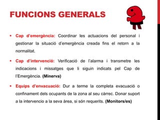 FUNCIONS GENERALS

 Cap d’emergència: Coordinar les actuacions del personal i
  gestionar la situació d’emergència creada fins el retorn a la
  normalitat.

 Cap d’intervenció: Verificació de l’alarma i transmetre les
  indicacions i missatges que li siguin indicats pel Cap de
  l’Emergència. (Minerva)

 Equips d’envacuació: Dur a terme la completa evacuació o
  confinament dels ocupants de la zona al seu càrrec. Donar suport
  a la intervencio a la seva àrea, si són requerits. (Monitors/es)
 