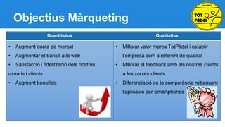 Objectius Màrqueting
Quantitatius

•

Augment quota de mercat

•

Augmentar el trànsit a la web

•

Satisfacció i fidelització dels nostres

Qualitatius

•

l’empresa com a referent de qualitat

•

usuaris i clients
•

Augment beneficis

Millorar valor marca TotPàdel i establir

Millorar el feedback amb els nostres clients
a les xarxes clients

•

Diferenciació de la competència mitjançant
l'aplicació per Smartphones

 