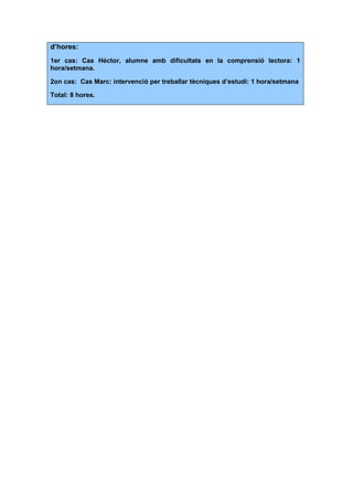 d’hores:
1er cas: Cas Héctor, alumne amb dificultats en la comprensió lectora: 1
hora/setmana.
2on cas: Cas Marc: intervenció per treballar tècniques d’estudi: 1 hora/setmana
Total: 8 hores.
 