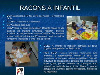 RACONS A INFANTIL
   QUI? Alumnat de P3 fins a P5 per nivells – 2 mestres a
    l’aula
   QUAN? 2 sessions a la setmana
   ON? Aula de cada curs
   COM? Dins les aules es delimiten diferents espais on els
    alumnes de manera simultània realitzen diverses
    activitats. A cada sessió es canvia d’activitat. Els alumnes
    poden realitzar activitats autònomament, amb els altres
    companys, individuals o amb l’ajut de l’adult.

                                         QUÈ? A Infantil es treballen activitats de tipus
                                          cognitiu, manipultatiu, simbòlic, de joc...
                                         PER QUÈ? Perquè afavoreix l’autonomia dels
                                          alumnes, la responsabilitat davant la feina, ser
                                          conscients de les seves pròpies possibilitats, l’atenció
                                          individual de cada alumne, potencia les interrelacions
                                          entre iguals, permet treballar els continguts amb
                                          varietat de materials (jocs, fitxes, llibres...), permet
                                          agrupar els alumnes segons necessitats, interessos
                                          i/o capacitats.
 