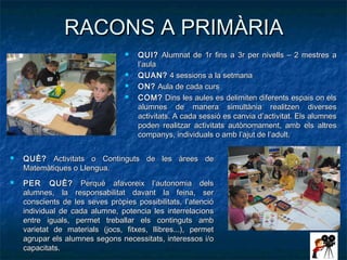 RACONS A PRIMÀRIA
                                    QUI? Alumnat de 1r fins a 3r per nivells – 2 mestres a
                                     l’aula
                                    QUAN? 4 sessions a la setmana
                                    ON? Aula de cada curs
                                    COM? Dins les aules es delimiten diferents espais on els
                                     alumnes de manera simultània realitzen diverses
                                     activitats. A cada sessió es canvia d’activitat. Els alumnes
                                     poden realitzar activitats autònomament, amb els altres
                                     companys, individuals o amb l’ajut de l’adult.

   QUÈ? Activitats o Continguts de les àrees de
    Matemàtiques o Llengua.
   PER QUÈ? Perquè afavoreix l’autonomia dels
    alumnes, la responsabilitat davant la feina, ser
    conscients de les seves pròpies possibilitats, l’atenció
    individual de cada alumne, potencia les interrelacions
    entre iguals, permet treballar els continguts amb
    varietat de materials (jocs, fitxes, llibres...), permet
    agrupar els alumnes segons necessitats, interessos i/o
    capacitats.
 