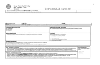 3
George Chaytor English College
Basic Education 1st a 6th
TEMUCO PLANIFICACIÓN CLASE A CLASE 2014
 Pida a sus estudiantesquerealicen la sección Ponte a prueba en formaindividual.
 Pídales,parala próximaclase, un trozode cartón piedra de20 x 30 y 2 cajas de plasticina.
EJE: Cienciasde la vida CLASE Nº 3 FECHA:
TIEMPO: 135 minutos META DE LA CLASE: Reconocer adaptaciones que poseen diferentes seres vivos para desenvolverse en su hábitat natural.
Habilidades cognitivas/ científicas
 Comprender
 Relacionar
 Comparar
Objetivos de Aprendizaje Transversales
 Proteger el entornonatural y sus recursoscomo contextode desarrollo humano.
Objetivos de Aprendizaje
 Observary compararadaptaciones deplantasy animales parasobrevivir en los ecosistemas.
Contenidos
Módulo2: Adaptaciones de los seres vivos
 Los seres vivos y su medioambiente
 Los animalesse desplazan
 Dientesparacomer
 Las cubiertas corporales de los animales
 Los animalesse protegen
Indicadores de evaluación
 Comprenden quelas característicasde losanimales y las plantasles permiten sobrevivir en su ambiente.
 Relacionan diferentes animalesy plantascon su ambiente.
 Comparan adaptacionesparael desplazamiento, laalimentación y la protección de diferentesanimales.
Inicio - Motivación (25 minutos)
 Muestre a sus estudiantes unafotografíade un osopolary una serpiente. Luego,pregúnteles sobre lascaracterísticas que observan en cadaunode ellos. ¿Cómo es la coberturade su
piel?, ¿sus colores?, ¿quéanimal tendrámayor cantidadde grasabajosu piel? Pregúnteles cuálde los dos animales estarámás preparadopara viviren un ambientecon bajas
temperaturas y por qué.Coménteles queen estaclase aprenderán sobrelas capacidadesde adaptación queposeen de diferentes seres vivosparadesenvolverse en su hábitat natural.
Recursos requeridos
Texto del estudiante:páginas
22 a 27.
- Cartón piedra
- Plasticina.
Desarrollo - Actividades (80 minutos)
 Resuelvacon susestudiantesla actividad Observa, lee y comenta de la página22. Trabajen en formaindividual y revise grupalmente.
 Pídales que trabajen la actividad Practica y resuelve de la página23. Al finalizar,complemente la actividad con preguntascomo:¿qué características delcactus le permitirán vivir en el
desierto?,¿para qué le serviráal león tener unamelena de esecolor?,¿recuerdan lascaracterísticas deloso?,¿podrácomer vegetales en el lugardondevive?, ¿por qué?
 Invite a sus alumnosa aprender sobrelas adaptaciones,en función deldesplazamiento,la alimentación y la protección.
 Lea con ellos la página 24 y complemente con nuevosejemplos para cada tipo. Muestrefotografías.Luegode leerlos cuatro ejemplospresentados,leala información queproporcionan
 