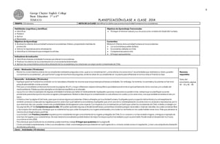 9
George Chaytor English College
Basic Education 1st a 6th
TEMUCO PLANIFICACIÓN CLASE A CLASE 2014
TIEMPO: 135 minutos META DE LA CLASE: Identificar losdaños que provoca laactividad humana en los ecosistemas.
Habilidades (cognitivas y científicas)
 Identificar
 Predecir
 Aplicar
 Reconocer
Objetivos de Aprendizaje Transversales
 Proteger el entornonatural y sus recursoscomo contextode desarrollo humano.
Objetivos de Aprendizaje
 Analizarlos efectos dela actividadhumana en ecosistemas chilenos, proponiendomedidas de
protección.
 Valorar la importancia dela reforestación.
 Identificar la información que entregan losafiches.
Contenidos
Módulo4: Efectos dela actividadhumana en losecosistemas
 Los ecosistemaspueden dañarse
 Ecosistemas dañados en Chile
 Competencias parala vida
 El hogar quequeremos
Indicadores de evaluación
 Identifican diversas actividadeshumanas que alteran losecosistemas.
 Predicen los efectos de lacontaminación en un ecosistemadeterminado.
 Aplican los conocimientos acerca dela alteración de los ecosistemasy los relacionan con algún sector contaminadode Chile.
Inicio – Motivación (10 minutos)
 Revise los conocimientos previos de sus estudiantesrealizandopreguntascomo:¿qué es la contaminación?,¿cómoafecta a losseresvivos?,lasactividadesque realizamosa diario¿pueden
contaminarlos ecosistemas?,¿de qué forma?Luegode estalluvia depreguntas,anote lasideas de sus estudiantesen la pizarra parareflexionar en tornoa ellas al final de la clase.
Recursos
requeridos
Texto del
estudiante: páginas
40 - 43 y 46 - 48.
Desarrollo – Actividades (70 minutos)
 Explique queel ser humanoha convivido con la naturalezautilizando los recursosque estaproveeparadiversas actividades. Sin embargo, los terrenos, losanimalesy las plantas se han visto
perjudicadosdebido a estas acciones.
 Pida que un estudiantecomiencela lecturade laspáginas 40 y 41 y luego reflexionen respectodelequilibrioque deberíaexistirentre el aprovechamiento delos recursos y el cuidado del
medioambiente. Pídalesqueden ejemplos en dondeeste equilibriose ve alterado.
 Lea juntocon elloslosejemplos de algunas actividadeshumanas que dañan el medioambiente.Explíqueles queestas situacionesse pueden evitar, siempreque se planifiquen acciones
posteriores paraevitarquelosrecursos se agoten y desaparezcan.Releve la idea deque la contaminación no soloafectaa los suelos y a los seresvivos, sinoque también envenena el aire y el
agua.
 Invítelosa leer la página 42 del texto, para queconozcan algunosecosistemas chilenosalterados por la actividadhumana.Explíquelesquela ocupación del territorioy la sobreexplotación
también provocan consecuencias negativasparalos seresvivos que habitan losecosistemas.Explíqueles que, en el casode la sobreexplotación,losseres vivosno alcanzan a reproducirse,por lo
que mientras más son cazados,tienen más probabilidades dedesaparecercomo especie.Con respectoa la contaminación y el dañoque sufren los ecosistemas de Chile,invítelos a trabajarcon
las páginas46 y 47 de Competencias para la vida. Allí podrán aprenderalgunas actitudesbeneficiosas y preventivasvisitandoparques nacionales o reservas naturales,lascualesconservan flora
y faunatípica denuestropaís.Destaque que no solamentehay que cuidar lasespecies y los lugaresamenazados,sinotodos los territorios en los cualeshabiten seres vivos. Pida que pienseen la
manera de proteger plazasy jardines.
 La actividad 2 del Practica y resuelve requierequelos estudiantestengan conocimientode los lugares protegidos de Chile.Si no conocen o nohan visitadoninguno, entregueun ejemplode
este tipo de lugares y sus características. De esta maneralosestudiantespodrán deducirde mejorformaporquése han dañadoy qué causóel daño.Puede aludiral desastredel ríoCruces,
ocurridoen el año2004.
 Para destacar que el dañode los ecosistemas puederevertirse,trabaje El hogarque queremosde la página48.
 Como actividadcomplementaria,invite a sus estudiantes a idear unaestrategiaparaque detecten en quélugaresde su comuna existen zonassin vegetación, y crear una campañade plantación
de árbolesy arbustos.
Cierre – Actividades (10 minutos)
 