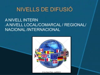 NIVELLS DE DIFUSIÓ
A NIVELL INTERN
l A NIVELL LOCAL/COMARCAL / REGIONAL/
NACIONAL /INTERNACIONAL
 
