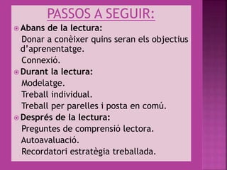 PASSOS A SEGUIR:
 Abans de la lectura:
Donar a conèixer quins seran els objectius
d’aprenentatge.
Connexió.
 Durant la lectura:
Modelatge.
Treball individual.
Treball per parelles i posta en comú.
 Després de la lectura:
Preguntes de comprensió lectora.
Autoavaluació.
Recordatori estratègia treballada.
 