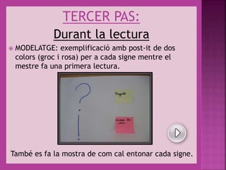 TERCER PAS:
Durant la lectura
 MODELATGE: exemplificació amb post-it de dos
colors (groc i rosa) per a cada signe mentre el
mestre fa una primera lectura.
També es fa la mostra de com cal entonar cada signe.
 
