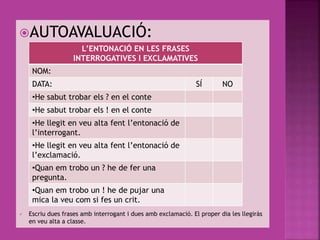 AUTOAVALUACIÓ:
 Escriu dues frases amb interrogant i dues amb exclamació. El proper dia les llegiràs
en veu alta a classe.
L’ENTONACIÓ EN LES FRASES
INTERROGATIVES I EXCLAMATIVES
NOM:
DATA: SÍ NO
•He sabut trobar els ? en el conte
•He sabut trobar els ! en el conte
•He llegit en veu alta fent l’entonació de
l’interrogant.
•He llegit en veu alta fent l’entonació de
l’exclamació.
•Quan em trobo un ? he de fer una
pregunta.
•Quan em trobo un ! he de pujar una
mica la veu com si fes un crit.
 