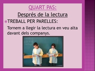 QUART PAS:
Després de la lectura
TREBALL PER PARELLES:
Tornem a llegir la lectura en veu alta
davant dels companys.
 