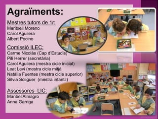 Agraïments:
Mestres tutors de 1r:
Meritxell Moreno
Carol Aguilera
Albert Pocino
Comissió ILEC:
Carme Nicolàs (Cap d’Estudis)
Pili Herrer (secretària)
Carol Aguilera (mestra cicle inicial)
Leat Levi (mestra cicle mitjà
Natàlia Fuentes (mestra cicle superior)
Sílvia Soliguer (mestra infantil)
Assessores LIC:
Maribel Almagro
Anna Garriga
 