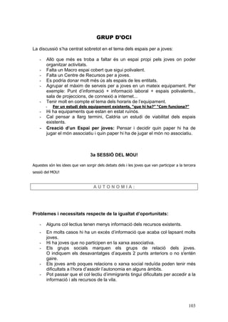 103
GRUP D’OCI
La discussió s’ha centrat sobretot en el tema dels espais per a joves:
- Allò que més es troba a faltar és un espai propi pels joves on poder
organitzar activitats.
- Falta un Macro espai cobert que sigui polivalent.
- Falta un Centre de Recursos per a joves.
- Es podria donar molt més ús als espais de les entitats.
- Agrupar el màxim de serveis per a joves en un mateix equipament. Per
exemple: Punt d’informació + informació laboral + espais polivalents.,
sala de projeccions, de connexió a internet...
- Tenir molt en compte el tema dels horaris de l’equipament.
- Fer un estudi dels equipament existents, “que hi ha?” “Com funciona?”
- Hi ha equipaments que estan en estat ruïnós.
- Cal pensar a llarg termini, Caldria un estudi de viabilitat dels espais
existents.
- Creació d’un Espai per joves: Pensar i decidir quin paper hi ha de
jugar el món associatiu i quin paper hi ha de jugar el món no associatiu.
3a SESSIÓ DEL MOU!
Aquestes són les idees que van sorgir dels debats dels i les joves que van participar a la tercera
sessió del MOU!
A U T O N O M I A :
Problemes i necessitats respecte de la igualtat d’oportunitats:
- Alguns col·lectius tenen menys informació dels recursos existents.
- En molts casos hi ha un excés d’informació que acaba col·lapsant molts
joves.
- Hi ha joves que no participen en la xarxa associativa.
- Els grups socials marquen els grups de relació dels joves.
O indiquem els desavantatges d’aquests 2 punts anteriors o no s'entén
gaire.
- Els joves amb poques relacions o xarxa social reduïda poden tenir més
dificultats a l’hora d’assolir l’autonomia en alguns àmbits.
- Pot passar que el col·lectiu d’immigrants tingui dificultats per accedir a la
informació i als recursos de la vila.
 