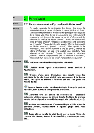 122
Eix
2 Participació
Subeix
2.2 Canals de comunicació, coordinació i informació
Situació - Per poder potenciar la participació dels joves i les joves, és
imprescindible tenir canals d’informació ràpids, dinàmics i fluids.
Sense aquesta premissa és molt difícil fer participar els i les joves
de la nostra vila. Una de les preocupacions més reiteradament
expressada pels joves és la manca de canals d’informació i de
coordinació: "Manca de treball conjunt", "Manca de coordinació
entre diverses entitats", "Processos participatius amb decisions
no vinculants", "Es queda tot en la teoria", "Manca d’informació
en l’àmbit associatiu, juvenil i cultural", "Mala gestió de la
informació", "No s’arriba realment a tots els joves", "Manca de
retorn d’informació un cop s’ha acabat una activitat", "Les
subvencions són escasses", "Manca de suport a iniciatives
juvenils", "Manca d’equipaments per a reunions i activitats",
"Necessitat d’un espai per als joves", “Ens sentim poc cuidats”.
Actuacions
Creació de la Comissió de Seguiment del MOU!
Creació d’una figura d’interlocució entre entitats i
Ajuntament.
Creació d’una guia d’activitats que reculli totes les
activitats de la vila i que s’editi cada dos mesos. I de forma
anual, una guia de serveis i recursos per als i les joves de
Molins de Rei.
Generar i crear punts i espais de trobada, llocs on la gent es
relacioni, tant puntuals com genèrics o estables.
Aprofitar tots els canals de comunicació i promoció
existents. Utilitzar canals de difusió àmplia (mitjans de premsa
escrita privats i públics, creació d’un espai a la ràdio local, etc.).
Apostar per mecanismes d’informació que arribin a tota la
població juvenil, especialment a aquells grups amb més
dificultats.
Crear altres canals de distribució per a joves (llista de
correus electrònics, fòrums i xats temàtics, trameses per sms,
etc.).
 