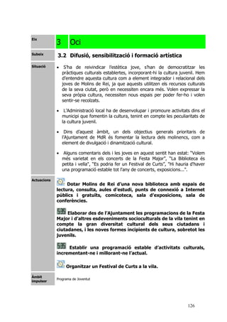 126
Eix
3 Oci
Subeix
3.2 Difusió, sensibilització i formació artística
Situació • S’ha de reivindicar l’estètica jove, s’han de democratitzar les
pràctiques culturals establertes, incorporant-hi la cultura juvenil. Hem
d’entendre aquesta cultura com a element integrador i relacional dels
joves de Molins de Rei, ja que aquests utilitzen els recursos culturals
de la seva ciutat, però en necessiten encara més. Volen expressar la
seva pròpia cultura, necessiten nous espais per poder fer-ho i volen
sentir-se recolzats.
• L’Administració local ha de desenvolupar i promoure activitats dins el
municipi que fomentin la cultura, tenint en compte les peculiaritats de
la cultura juvenil.
• Dins d’aquest àmbit, un dels objectius generals prioritaris de
l’Ajuntament de MdR és fomentar la lectura dels molinencs, com a
element de divulgació i dinamització cultural.
• Alguns comentaris dels i les joves en aquest sentit han estat: “Volem
més varietat en els concerts de la Festa Major”, “La Biblioteca és
petita i vella", “Es podria fer un Festival de Curts”, "Hi hauria d'haver
una programació estable tot l'any de concerts, exposicions...".
Actuacions
Dotar Molins de Rei d’una nova biblioteca amb espais de
lectura, consulta, aules d’estudi, punts de connexió a Internet
públics i gratuïts, comicoteca, sala d’exposicions, sala de
conferències.
Elaborar des de l’Ajuntament les programacions de la Festa
Major i d’altres esdeveniments socioculturals de la vila tenint en
compte la gran diversitat cultural dels seus ciutadans i
ciutadanes, i les noves formes incipients de cultura, sobretot les
juvenils.
Establir una programació estable d’activitats culturals,
incrementant-ne i millorant-ne l’actual.
Organitzar un Festival de Curts a la vila.
Àmbit
impulsor
Programa de Joventut
 