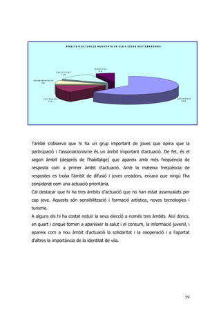 59
També s'observa que hi ha un grup important de joves que opina que la
participació i l'associacionisme és un àmbit important d'actuació. De fet, és el
segon àmbit (després de l'habitatge) que apareix amb més freqüència de
resposta com a primer àmbit d'actuació. Amb la mateixa freqüència de
respostes es troba l'àmbit de difusió i joves creadors, encara que ningú l'ha
considerat com una actuació prioritària.
Cal destacar que hi ha tres àmbits d'actuació que no han estat assenyalats per
cap jove. Aquests són sensibilització i formació artística, noves tecnologies i
turisme.
A alguns els hi ha costat reduïr la seva elecció a només tres àmbits. Així doncs,
en quart i cinquè tornen a aparèixer la salut i el consum, la informació juvenil, i
apareix com a nou àmbit d'actuació la solidaritat i la cooperació i a l'apartat
d'altres la importància de la identitat de vila.
À M B I T S D 'A C T U A C I Ó A G R U P A T S E N E L S 5 E I X O S V E R T E B R A D O R S
A U T O N O M I A
6 2 %
C I U T A D A N I A
1 3 %
E X P E R I M E N T A C I Ó
6 %
C R E A T I V I T A T
1 3 %
M O B I L I T A T
6 %
 