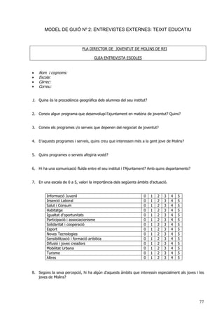 77
MODEL DE GUIÓ Nº 2: ENTREVISTES EXTERNES: TEIXIT EDUCATIU
PLA DIRECTOR DE JOVENTUT DE MOLINS DE REI
GUIA ENTREVISTA ESCOLES
• Nom i cognoms:
• Escola:
• Càrrec:
• Correu:
1. Quina és la procedència geogràfica dels alumnes del seu institut?
2. Coneix algun programa que desenvolupi l'ajuntament en matèria de joventut? Quins?
3. Coneix els programes i/o serveis que depenen del negociat de joventut?
4. D'aquests programes i serveis, quins creu que interessen més a la gent jove de Molins?
5. Quins programes o serveis afegiria vosté?
6. Hi ha una comunicació fluïda entre el seu institut i l'Ajuntament? Amb quins departaments?
7. En una escala de 0 a 5, valori la importància dels següents àmbits d'actuació.
Informació Juvenil 0 1 2 3 4 5
Inserció Laboral 0 1 2 3 4 5
Salut i Consum 0 1 2 3 4 5
Habitatge 0 1 2 3 4 5
Igualtat d'oportunitats 0 1 2 3 4 5
Participació i associacionisme 0 1 2 3 4 5
Solidaritat i cooperació 0 1 2 3 4 5
Esport 0 1 2 3 4 5
Noves Tecnologies 0 1 2 3 4 5
Sensibilització i formació artística 0 1 2 3 4 5
Difusió i joves creadors 0 1 2 3 4 5
Mobilitat Urbana 0 1 2 3 4 5
Turisme 0 1 2 3 4 5
Altres 0 1 2 3 4 5
8. Segons la seva percepció, hi ha algún d'aquests àmbits que interessin especialment als joves i les
joves de Molins?
 