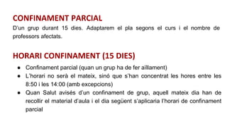 HORARI CONFINAMENT (15 DIES)
● Confinament parcial (quan un grup ha de fer aïllament)
● L’horari no serà el mateix, sinó que s’han concentrat les hores entre les
8:50 i les 14:00 (amb excepcions)
● Quan Salut avisés d’un confinament de grup, aquell mateix dia han de
recollir el material d’aula i el dia següent s’aplicaria l’horari de confinament
parcial
CONFINAMENT PARCIAL
D’un grup durant 15 dies. Adaptarem el pla segons el curs i el nombre de
professors afectats.
 