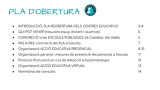 PLA D’OBERTURA
● INTRODUCCIÓ, PLA REOBERTURA DELS CENTRES EDUCATIUS 3-4
● QUI POT VENIR? (requisits equip docent i alumnat) 5
● CONCRECIÓ a les ESCOLES PÚBLIQUES de Castellar del Vallès 6
● PAS A PAS: concreció del PLA a l’escola 7
● Organització ACCIÓ EDUCATIVA PRESENCIAL 8-10
● Organització general i mesures de prevenció del personal a l’escola 11
● Protocol d’actuació en cas de detecció simptomatologia 12
● Organització ACCIÓ EDUCATIVA VIRTUAL 13
● Normativa de consulta 14
 