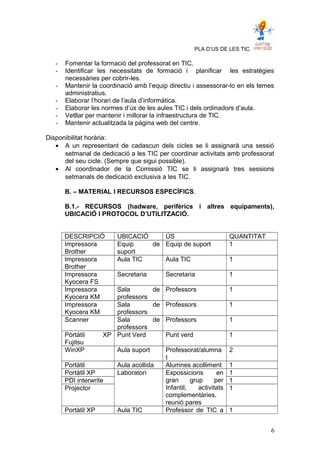 PLA D’US DE LES TIC.
- Fomentar la formació del professorat en TIC.
- Identificar les necessitats de formació i planificar les estratègies
necessàries per cobrir-les.
- Mantenir la coordinació amb l’equip directiu i assessorar-lo en els temes
administratius.
- Elaborar l’horari de l’aula d’informàtica.
- Elaborar les normes d’ús de les aules TIC i dels ordinadors d’aula.
- Vetllar per mantenir i millorar la infraestructura de TIC.
- Mantenir actualitzada la pàgina web del centre.
Disponibilitat horària:
• A un representant de cadascun dels cicles se li assignarà una sessió
setmanal de dedicació a les TIC per coordinar activitats amb professorat
del seu cicle. (Sempre que sigui possible).
• Al coordinador de la Comissió TIC se li assignarà tres sessions
setmanals de dedicació exclusiva a les TIC.
B. – MATERIAL I RECURSOS ESPECÍFICS.
B.1.- RECURSOS (hadware, perifèrics i altres equipaments),
UBICACIÓ I PROTOCOL D’UTILITZACIÓ.
DESCRIPCIÓ UBICACIÓ ÚS QUANTITAT
Impressora
Brother
Equip de
suport
Equip de suport 1
Impressora
Brother
Aula TIC Aula TIC 1
Impressora
Kyocera FS
Secretaria Secretaria 1
Impressora
Kyocera KM
Sala de
professors
Professors 1
Impressora
Kyocera KM
Sala de
professors
Professors 1
Scanner Sala de
professors
Professors 1
Pòrtàtil XP
Fujitsu
Punt Verd Punt verd 1
WinXP Aula suport Professorat/alumna
t
2
Portàtil Aula acollida Alumnes acolliment 1
Portàtil XP Laboratori Expossicions en
gran grup per
Infantil, activitats
complementàries,
reunió pares
1
PDI interwrite 1
Projector 1
Portàtil XP Aula TIC Professor de TIC a 1
6
 