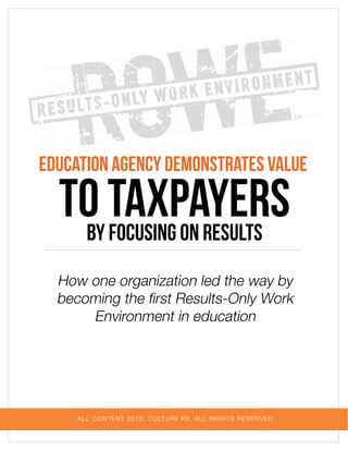 Education Agency Demonstrates Value

to Taxpayers
by Focusing on Results

How one organization led the way by
becoming the first Results-Only Work
Environment in education

ALL CONTENT 2013, CULTURE RX. ALL RIGHTS RESERVED

 