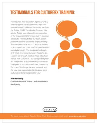 Testimonials for CultureRx Training:
Prairie Lakes Area Education Agency (PLAEA)
had the opportunity to spend two days with
one of CultureRx’s Master Trainers for the Train
the Trainer ROWE Certification Program. Our
Master Trainer was a fantastic representative
of the organization that prides itself in focusing
on results. The results that our team accomplished in just two days were simply amazing.
She was personable and fun, kept us on task
to accomplish our goals, and had great content
knowledge depth. She modeled the ResultsOnly Work Environment in everything she did.
I cannot say enough positive things about our
friends from CultureRx - but perhaps the greatest compliment is recommending them to my
colleagues in education and other professions.
If you want to change the way you work and
the way your organization thinks about work,
CultureRx is the prescription for you!
Jeff Herzberg
Chief Administrator, Prairie Lakes Area Education Agency

To lear n more about Results-Only Work Environment, visit us at www.gorowe.com

 