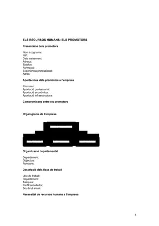 ELS RECURSOS HUMANS: ELS PROMOTORS

Presentació dels promotors

Nom i cognoms:
NIF:
Data naixement:
Adreça:
Telèfon:
Formació:
Experiència professional:
Altres:

Aportacions dels promotors a l’empresa

Promotor:
Aportació professional:
Aportació econòmica:
Aportació infraestructura:

Compromissos entre els promotors



Organigrama de l’empresa



                                G e r è n c ia
                                   Nom



    D e p . T è c n ic   D e p . A d m in is t r a t iu   D e p . C o m e r c ia l
          Nom                      Nom                            Nom


Organització departamental

Departament:
Objectius:
Funcions:

Descripció dels llocs de treball

Lloc de treball:
Departament:
Tasques:
Perfil treballador:
Sou brut anual:

Necessitat de recursos humans a l’empresa




                                                                                     4
 