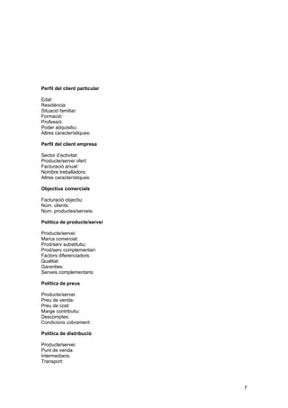 Perfil del client particular

Edat:
Residència:
Situació familiar:
Formació:
Professió:
Poder adquisitiu:
Altres característiques:

Perfil del client empresa

Sector d’activitat:
Producte/servei ofert:
Facturació anual:
Nombre treballadors:
Altres característiques:

Objectius comercials

Facturació objectiu:
Núm. clients:
Núm. productes/serveis:

Política de producte/servei

Producte/servei:
Marca comercial:
Prod/serv substitutiu:
Prod/serv complementari:
Factors diferenciadors:
Qualitat:
Garanties:
Serveis complementaris:

Política de preus

Producte/servei:
Preu de venda:
Preu de cost:
Marge contributiu:
Descomptes:
Condicions cobrament:

Política de distribució

Producte/servei:
Punt de venda:
Intermediaris:
Transport:




                               7
 