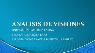 ANALISIS DE VISIONES
UNIVERSIDAD AMERICA LATINA
PROFRA: ALMA ROSA LARA
ALUMNA IVONE ARACELI SANDOVAL RAMIREZ
 
