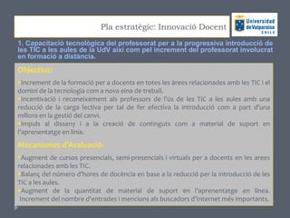 Pla estratègic: Innovació Docent
1. Capacitació tecnològica del professorat per a la progressiva introducció de
les TIC a ...