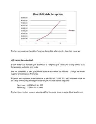 Per tant, com veiem en la gràfica l’empresa és rendible a llarg termini durant els tres anys.
c)El negoci és sostenible?
L’últim factor que mirarem per determinar si l’empresa pot sobreviure a llarg termini és si
l’empresa és sostenible o no ho és.
Per ser sostenible, el BAII que podem veure en el Compte de Pèrdues i Guanys, ha de ser
superior a les despeses finançeres.
El primer any, l’empresa no és sostenible ja que 37’93<9.728’83. Tot i així, l’empresa si que ho
és a llarg termini perquè el segon i tercer any els resultats són els següents:
Segon any: 24.739’94>7.841.83€
Tercer any: 77.515’41>5.818’48€
Per tant, i com podem veure en aquesta gràfica, l’empresa si que és sostenible a llarg termini:
 