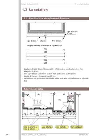 20 MANUEL MODULAIRE PLAFONNAGE GENERALITES
Lecture de plans et métré 1. La lecture de plans
1.2 La cotation
1.2.1 Représentation et emplacement d’une cote
- Les lignes de cote doivent être parallèles à l’élément de construction et en être
éloignées de 7 mm.
- Une ligne de cote consiste en un trait droit qui traverse tout le dessin.
- L’unité de mesure est généralement le cm.
- La cote doit être positionnée de manière à être facile à lire depuis la droite et depuis le
bas.
1.2.2 Types de cotes
 