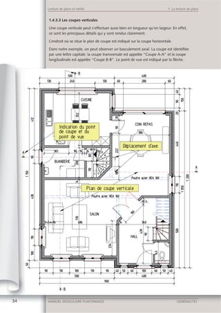 34 MANUEL MODULAIRE PLAFONNAGE GENERALITES
Lecture de plans et métré 1. La lecture de plans
1.4.3.3 Les coupes verticales
Une coupe verticale peut s’effectuer aussi bien en longueur qu’en largeur. En effet,
ce sont les principaux détails qui y sont rendus clairement.
L’endroit où se situe le plan de coupe est indiqué sur la coupe horizontale.
Dans notre exemple, on peut observer un basculement axial. La coupe est identiﬁée
par une lettre capitale: la coupe transversale est appelée “Coupe A-A” et la coupe
longitudinale est appelée “Coupe B-B”. Le point de vue est indiqué par la ﬂèche.
 